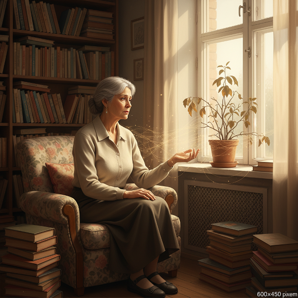 Bývalá učitelka v tichém pokoji přemýšlí o osamění a hledání nových hlubokých vztahů po odchodu do důchodu.