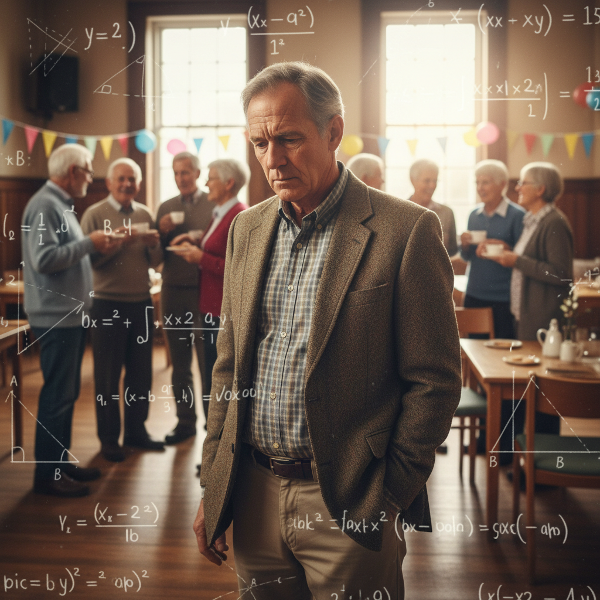 Bývalý učitel stojí stranou od společenského setkání, s vizuálním odkazem na jeho minulé sebevědomí ve třídě.