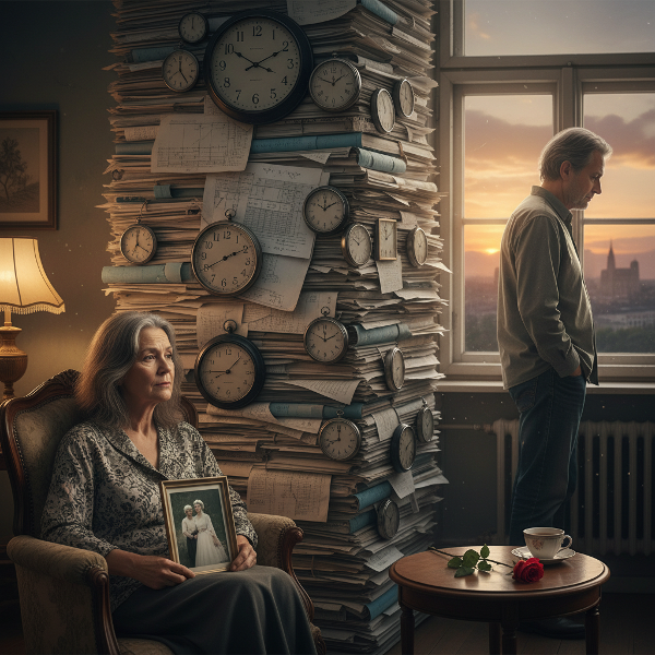 Žena v důchodu cítí prázdnotu a emocionální zeď mezi sebou a laskavým manželem po letech workoholismu, symbolizovanou hromadou papírů a hodin.