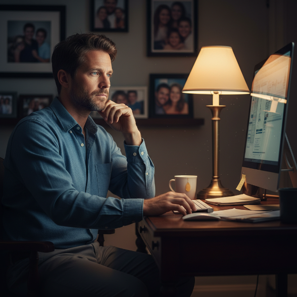 Muž v domácí kanceláři cítící se izolovaně, zatímco jeho rodina je v pozadí.