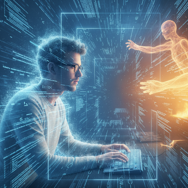 Softwarový inženýr obklopený logickými strukturami a kódem, který cítí izolaci a prázdnotu, zatímco světlo autentického lidského spojení je blízko, ale nedosažitelné.