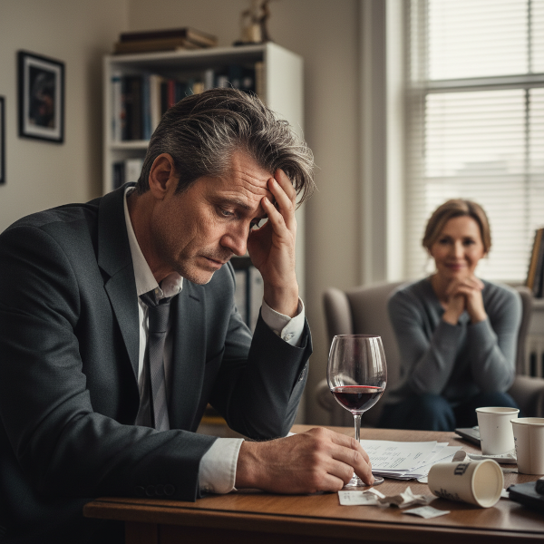 Podnikatel v kanceláři s pohledem plným starostí a sklenkou vína, symbolizující jeho závislost, zatímco hledá cestu ven.