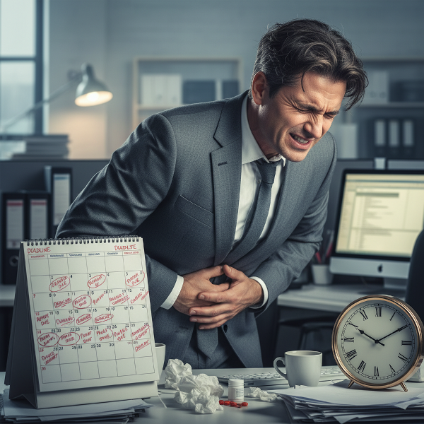 Muž v kanceláři trpící fyzickými projevy stresu, jako jsou bolesti břicha a vyčerpání, obklopený pracovním tlakem a časovou tísní.