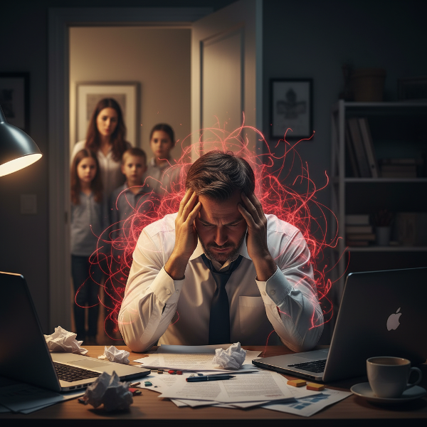 Muž středního věku přemožený vnitřním hněvem a stresem v kancelářském i domácím prostředí.