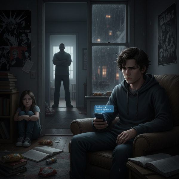 Odcizený syn, kritický otec a pozorující sestra v rodinném konfliktu, s náznakem naděje na spojení.