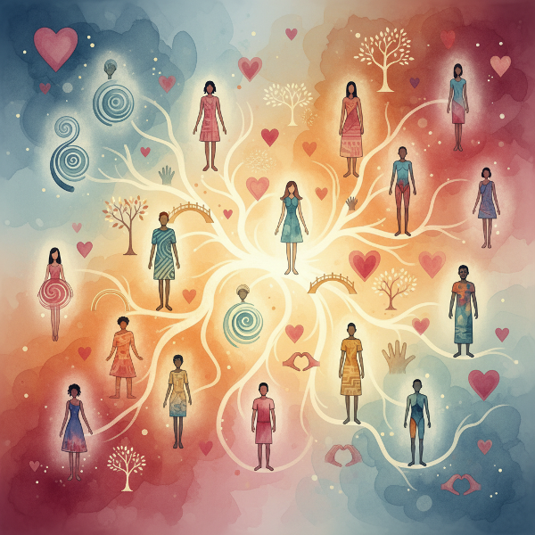 Abstraktní mapa mezilidských vztahů s propojenými postavami a symboly emocí v teplých barvách.
