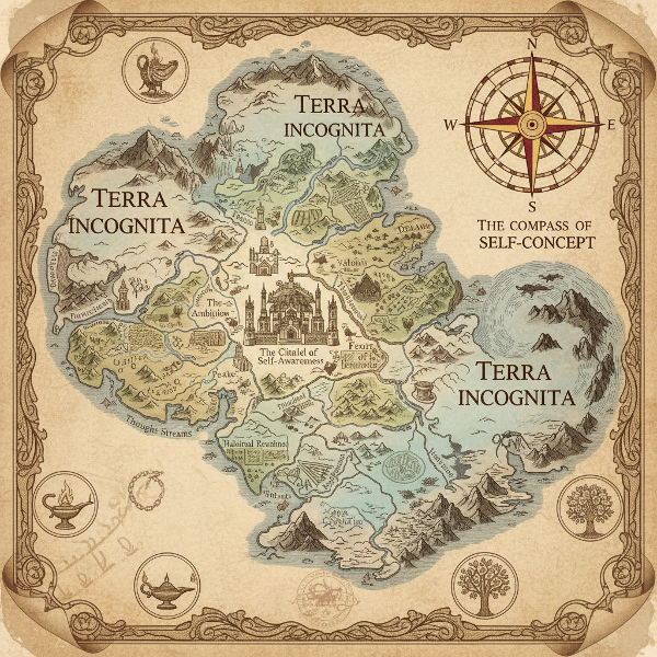 Starobylá mapa zobrazující vnitřní svět člověka s prozkoumanými územími, neznámými zeměmi a kompasem pro sebepojetí.