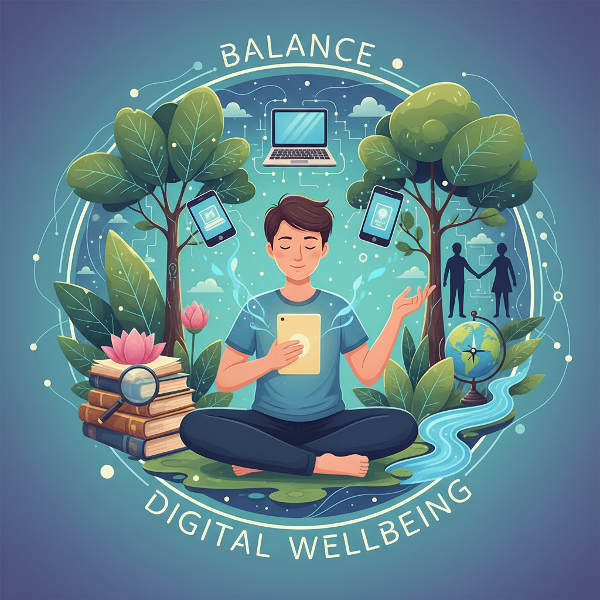 Ilustrace harmonického vztahu mezi digitálním světem a offline realitou, kde technologie podporuje osobní pohodu a psychické zdraví.