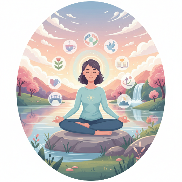 Ilustrace vyváženého člověka v meditaci obklopeného symboly péče o sebe, vztahů a osobního růstu v klidné přírodě.