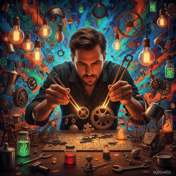 Osoba kreativně řeší problém pomocí neočekávaných předmětů, symbolizující praktickou vynalézavost a nové úhly pohledu.