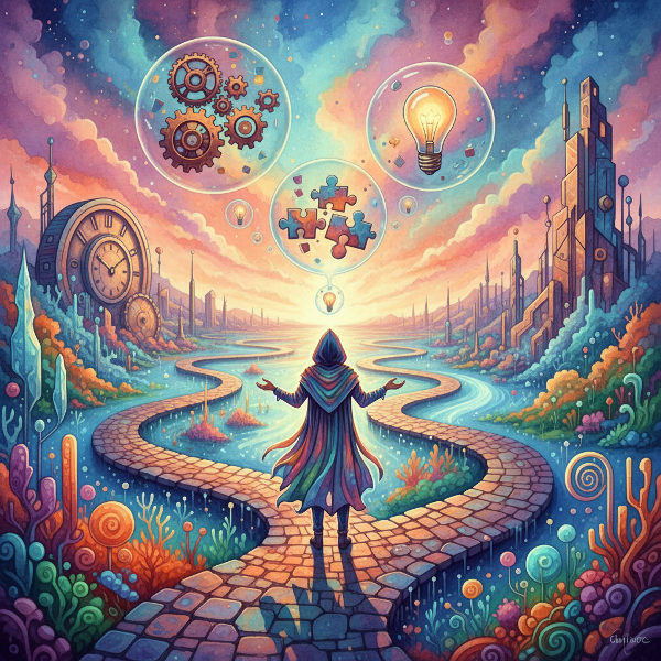 Osoba na křižovatce klikatých cest v surreálné krajině, s abstraktními bublinami myšlenek nad hlavou symbolizujícími kreativitu a rozhodování.