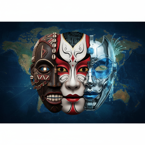 Tvář rozdělená na tři kulturní masky symbolizující adaptabilitu, tradici a hybridní identitu na pozadí globální mapy.