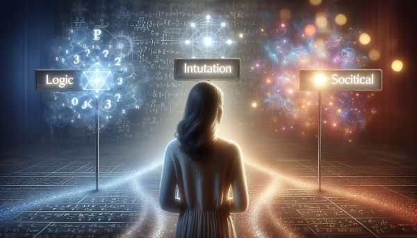 Ilustrace člověka na rozcestí tří cest symbolizujících logiku, intuici a sociální vlivy v jemné, zamyšlené atmosféře.