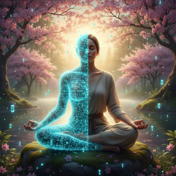 Osoba v meditační pozici na klidné louce, polovina těla z binárního kódu, symbolizující rovnováhu mezi online a offline životem.