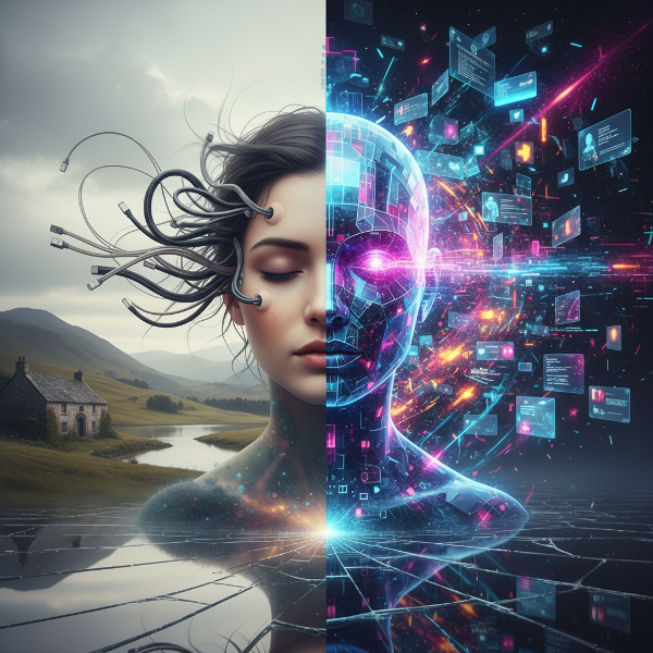 Surrealistický portrét osoby s polovinou tváře jako lidskou a druhou jako digitální avatar, propojený dráty mezi chaotickým online světem a klidnou realitou.