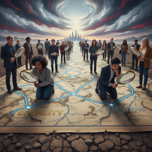 Konceptuální ilustrace skupiny lidí na rozvíjející se mapě sociálních postojů, zkoumajících cesty jako rovnost a spravedlnost.