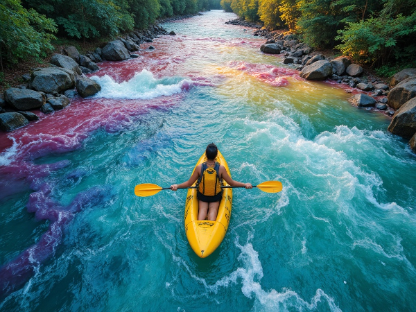 Osoba klidně proplouvá řekou měnících se barev, která symbolizuje emoční flexibilitu a schopnost adaptace.