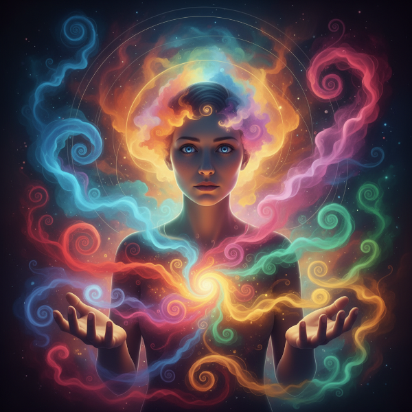 Abstraktní ilustrace člověka obklopeného a pozorujícího barevné aury emocí, které symbolizují různé styly emoční navigace.