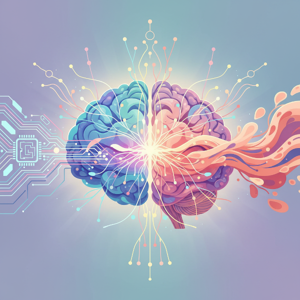 Abstraktní ilustrace lidského mozku s třemi cestami znázorňujícími kognitivní, somatické a interpersonální zpracování emocí.