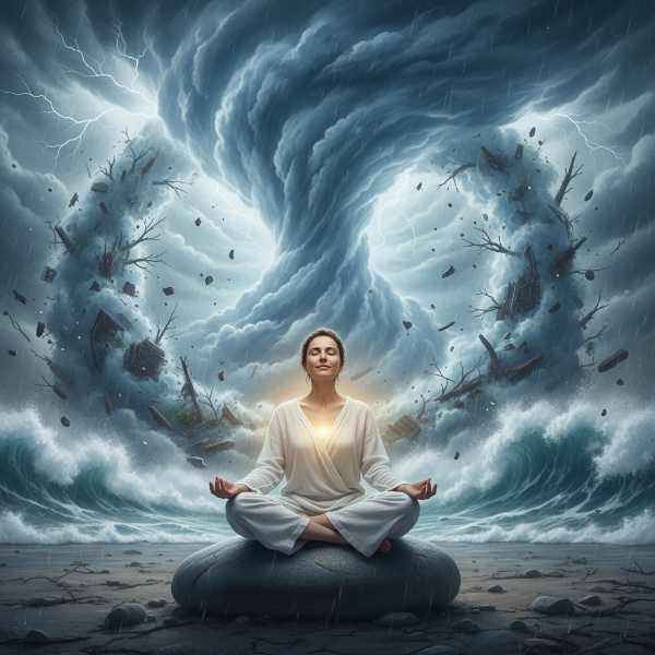 Osoba v klidné meditaci uprostřed bouřlivého chaosu, znázorňující vnitřní rovnováhu a emoční odolnost.