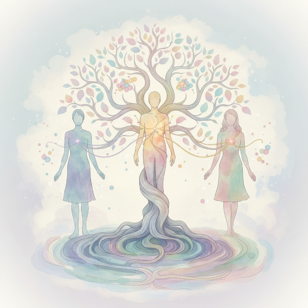 Abstraktní ilustrace znázorňující, jak se rodinné vzorce z dětství větví a přenášejí do vztahů v dospělosti.