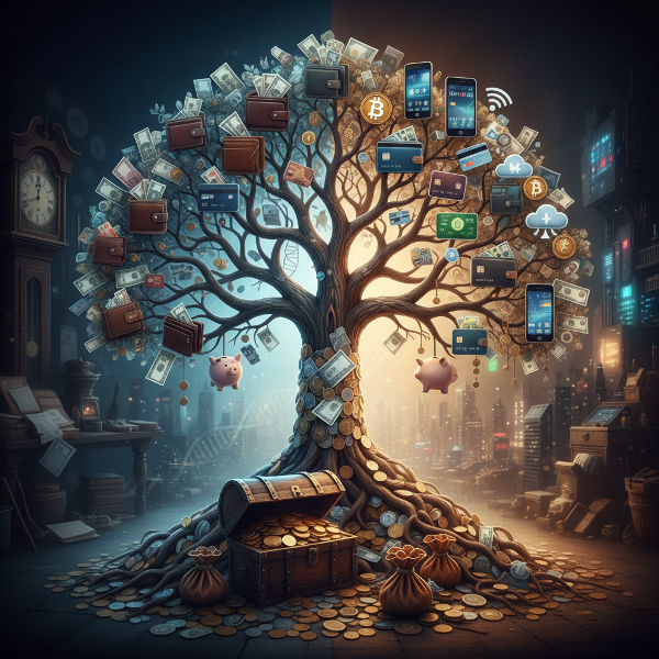 Rodinný strom s kořeny z mincí a bankovek, jehož větve se mění v moderní peněženky a digitální finanční ikony, symbolizující dědictví finančních návyků.