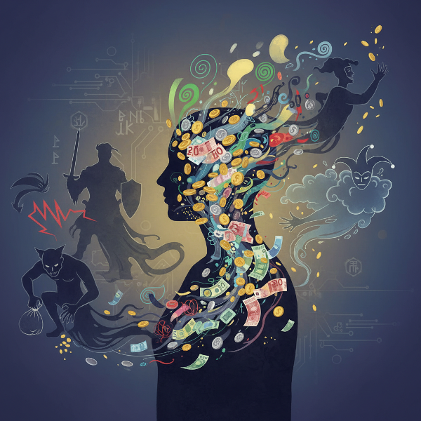 Silueta osoby vyplněná penězi a abstraktními emočními symboly, splývající s archetypálními stíny různých finančních postojů.