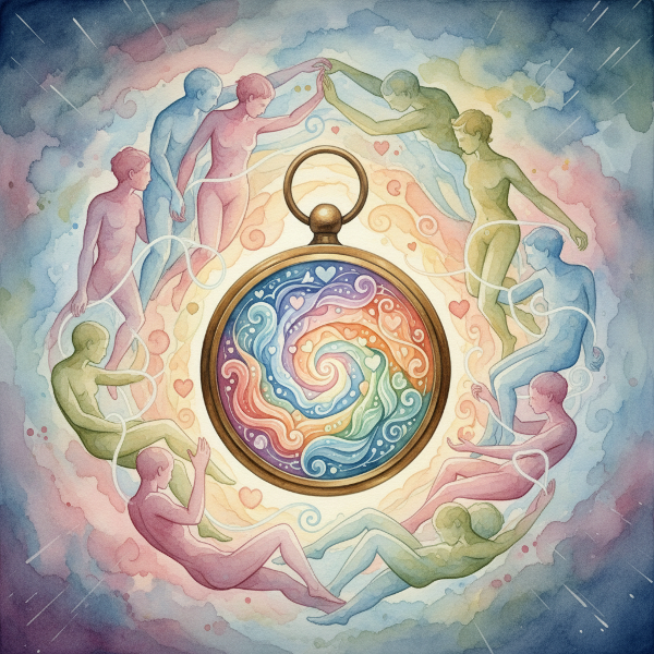 Ilustrace zářícího kompasu s emocionálními vzory na pozadí propletených abstraktních postav, symbolizující navigaci vztahy a intimitu.