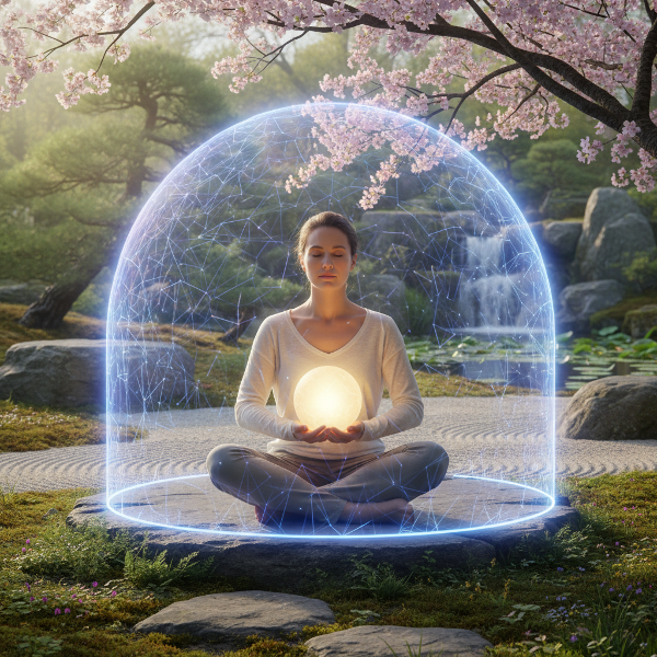 Osoba v klidné zahradě medituje s zářící koulí světla v rukou, obklopená ochranným štítem energie, což symbolizuje vnitřní rovnováhu a nastavení hranic.
