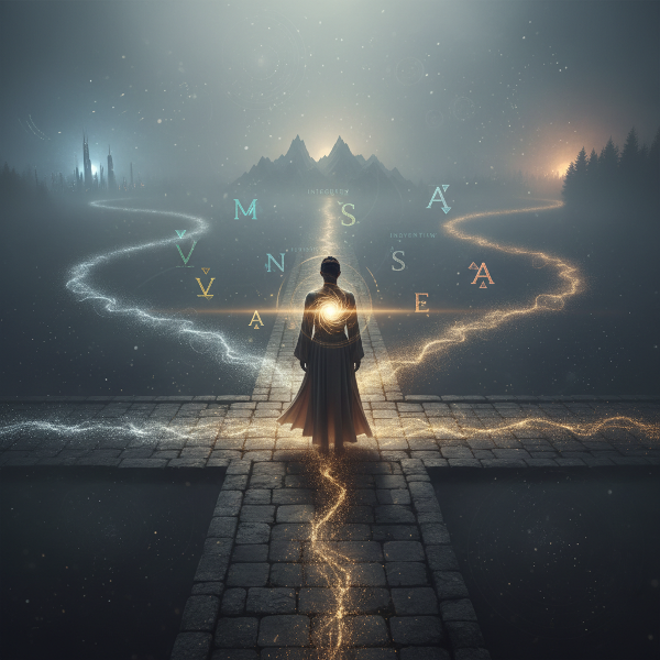 Ilustrace člověka na rozcestí s vnitřním kompasem a abstraktními hodnotami, znázorňující volbu životní cesty.