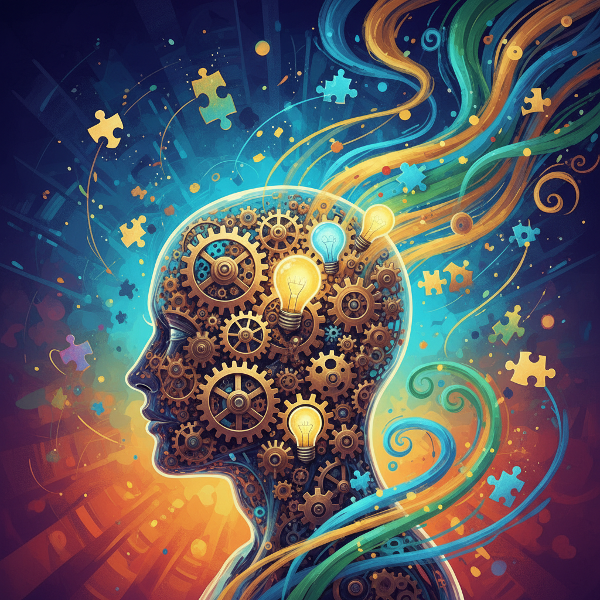 Abstraktní ilustrace znázorňující vnitřní motivační zdroje a pracovní energii pomocí ozubených kol, světelných paprsků a skládajících se puzzle dílků v hlavě člověka.