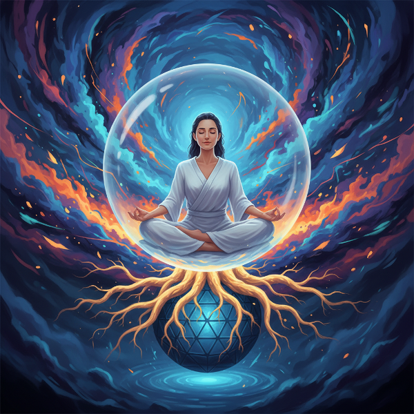 Osoba v klidu uvnitř ochranné koule, zatímco venku zuří bouře, symbolizující vnitřní stabilitu nezávislou na vnějších okolnostech.