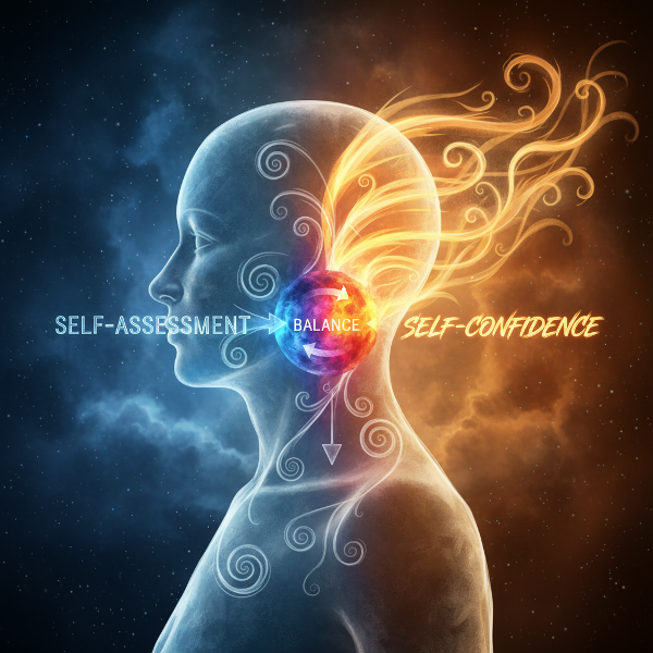 Ilustrace znázorňující vnitřní 'teplotu' člověka s metaforami tepla a chladu pro sebehodnocení, ukazující dynamiku mezi růstem a stagnací.