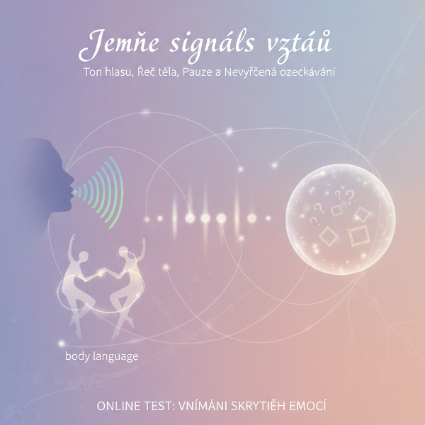 Ilustrace zachycuje dvě postavy při rozhovoru, mezi nimiž se vznášejí jemné symboly emocí (srdce, otazníky, vlnky), naznačující skryté signály a vnímání.