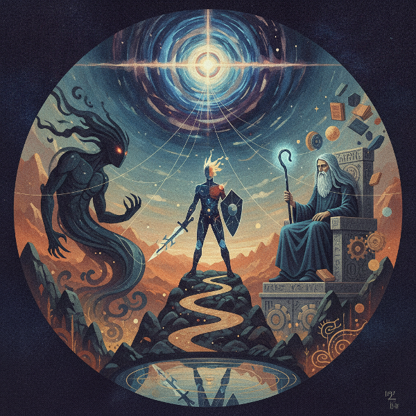 Ilustrace tří archetypů – Hrdina, Stín a Moudrý – zasazených do snové krajiny, kde se setkává světlo a tma, s tajemnou atmosférou.