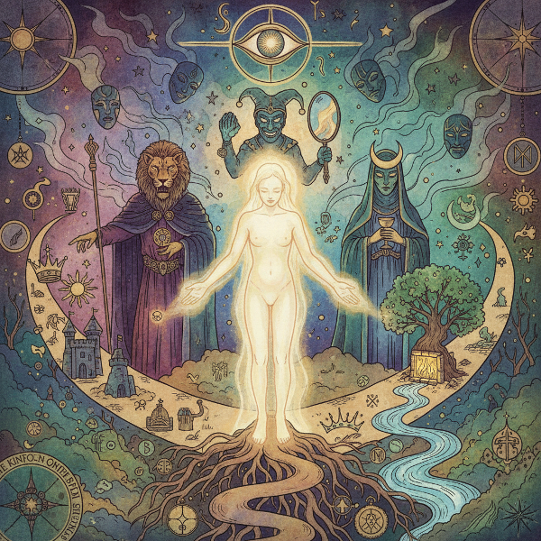 Ilustrace zobrazující jungovské archetypy jako siluety v mystické krajině, ovlivňující postavu stojící na křižovatce životních rozhodnutí.