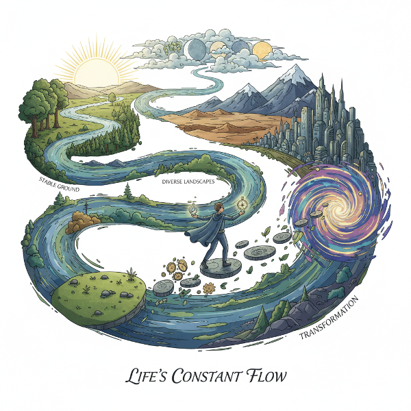 Obrázek symbolizující životní změny jako řeku tekoucí různorodou krajinou, s osobou hledající rovnováhu mezi stabilitou a proměnou.