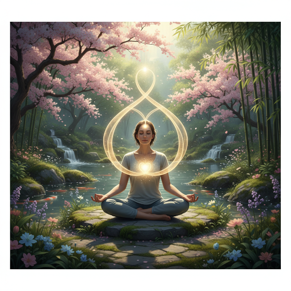 Osoba meditující v klidné zahradě s vizualizací energie propojující mysl a tělo, znázorňující psychosomatickou rovnováhu.