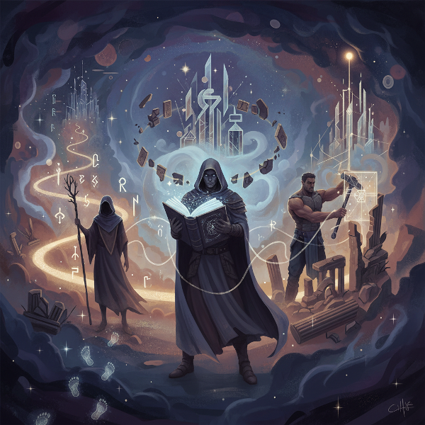 Symbolické zobrazení tří moderních mýtických archetypů: věčného poutníka, strážce a tvůrce v mystické atmosféře.