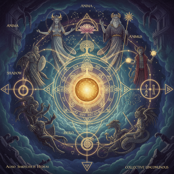 Ilustrace zobrazující mystické archetypy vynořující se z nevědomí ve snovém, symbolickém stylu.