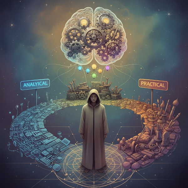 Ilustrace člověka na křižovatce tří cest symbolizujících analytické, kreativní a praktické myšlení, s mozkem nad hlavou zobrazujícím myšlenkové procesy a rozhodování.