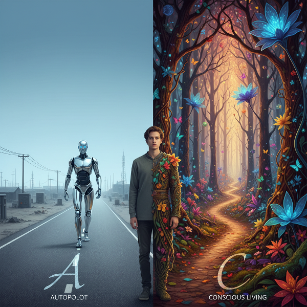 Ilustrace člověka na rozcestí mezi přímou cestou s robotem (automatické chování) a klikatou cestou přírodou (vědomé rozhodování).