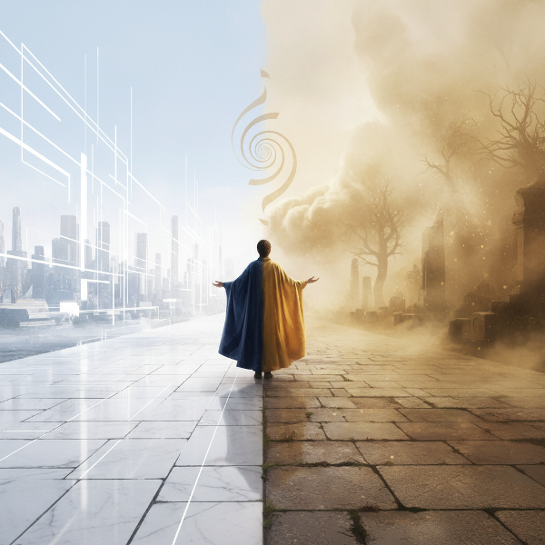 Ilustrace osoby na rozcestí mezi jasnou a mlhavou cestou, symbolizující volbu mezi jistotou a nejistotou jako příležitostí.