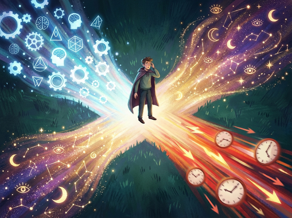 Osoba na křižovatce cest představujících různé rozhodovací styly: logickou analýzu, intuici a rychlé jednání.