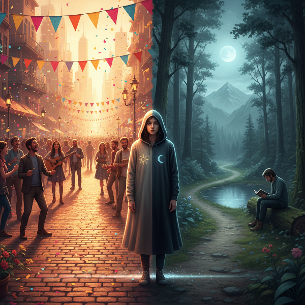 Ilustrace osoby na rozcestí dvou cest, znázorňující volbu mezi extrovertním a introvertním přístupem k sociálním situacím.