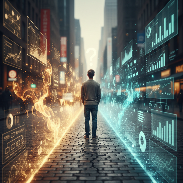 Ilustrace člověka na rozcestí, kde jedna cesta symbolizuje intuitivní a druhá analytické rozhodování.