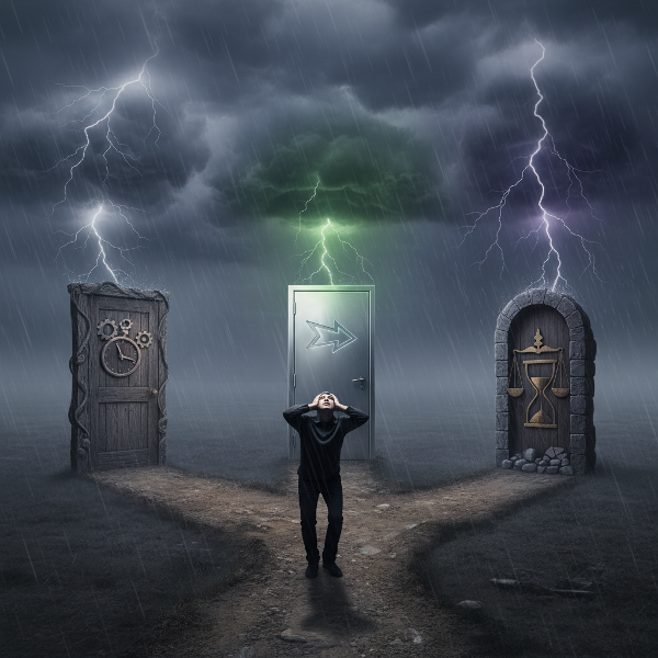 Osoba stojí na rozcestí s několika cestami vedoucími k různým dveřím pod bouřkovou oblohou, symbolizující rychlé rozhodování pod tlakem.