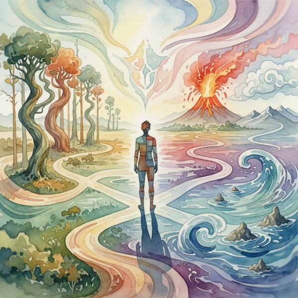 Ilustrace osoby na rozcestí s několika klikatými cestami vedoucími k různým krajinám, symbolizující životní změny a adaptabilitu.