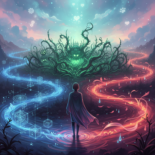 Osoba na rozcestí tří zářících, abstraktních cest symbolizujících logiku, emoce a instinkt v surreálné, snové atmosféře.