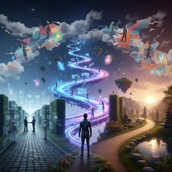 Osoba na křižovatce tří cest symbolizujících stabilitu, inovaci a harmonii v sociálním prostředí.